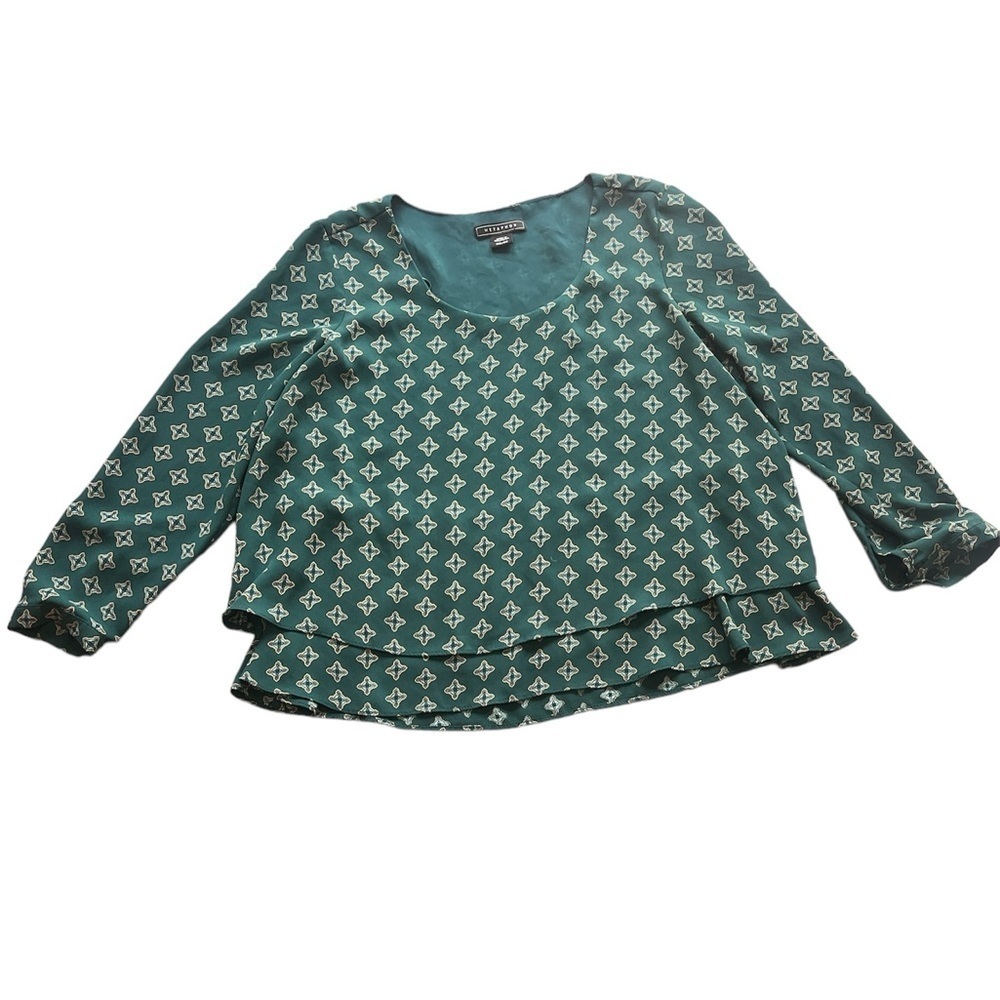 Metaphor Teal Geometric Printed Hem Layered Blouse Top Size XS 3/4 Sleeve